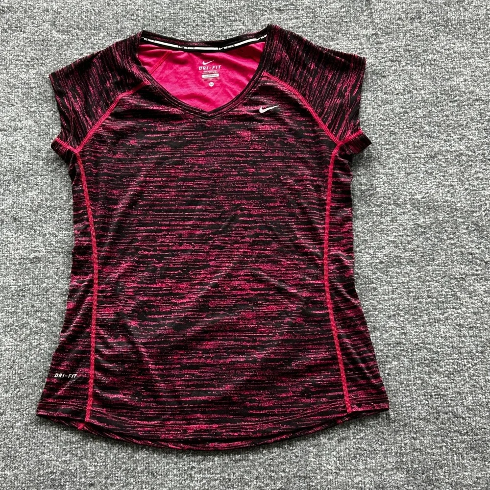 Nike Running Shirt Womens Size M Pink Black Dri-Fit Space Dye V-Neck Athletic